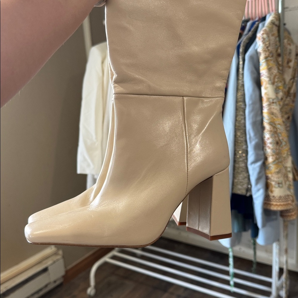 Knee-High Block Heel Boots in Cream - Picture 3 of 6